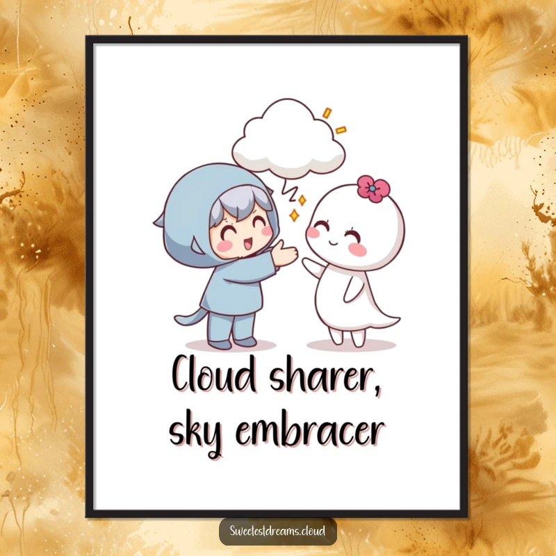 Funny free printable wall art depicting a smiling character generously offering a fluffy cloud to another character, symbolizing kindness.