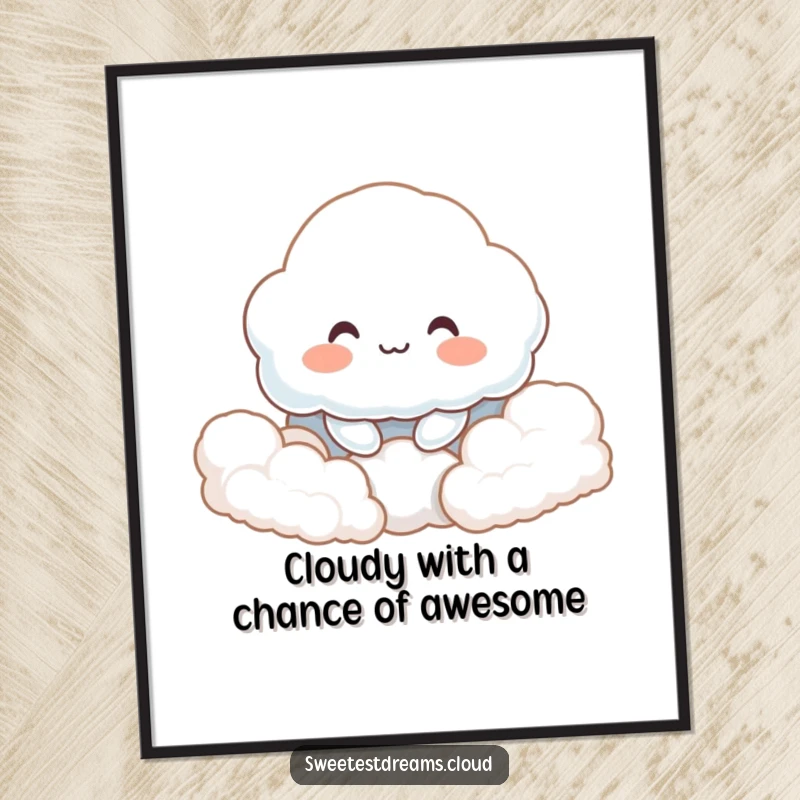 Funny Free Printable Wall Art: A content cloud character with a gentle smile rests peacefully amidst soft, fluffy clouds.