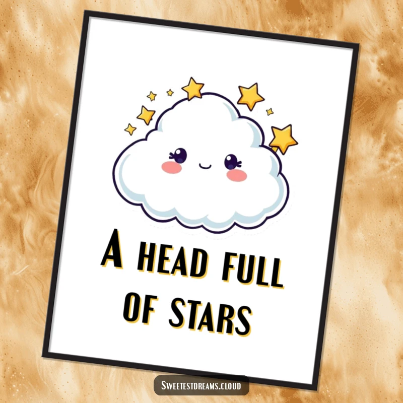 Funny Free Printable Wall Art: A whimsical cloud character encircled by a beautiful display of twinkling stars.