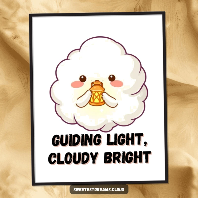 Funny Free Printable Wall Art: Cloud creature holding a glowing lantern, radiating wonder, magical decor.