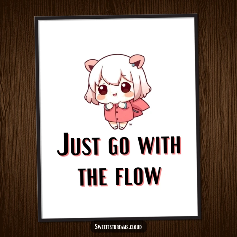 Funny Free Printable Wall Art depicting a kawaii character joyfully floating on a soft, whimsical breeze, creating calm.