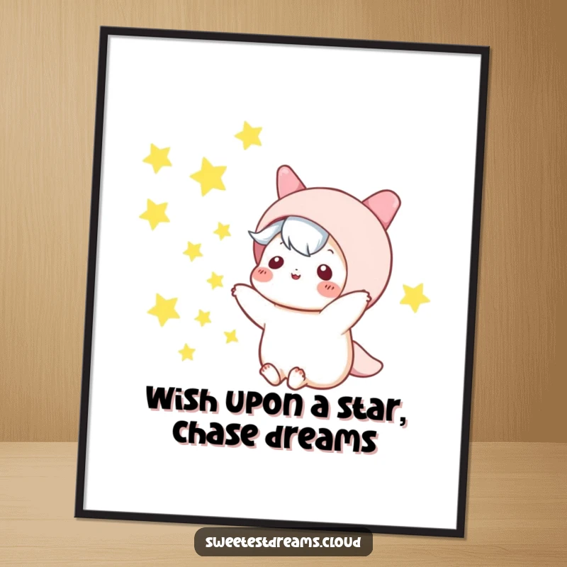 Free Printable Wall Art: A cute kawaii character playfully throws handfuls of glowing stars into a dark, beautiful night sky.