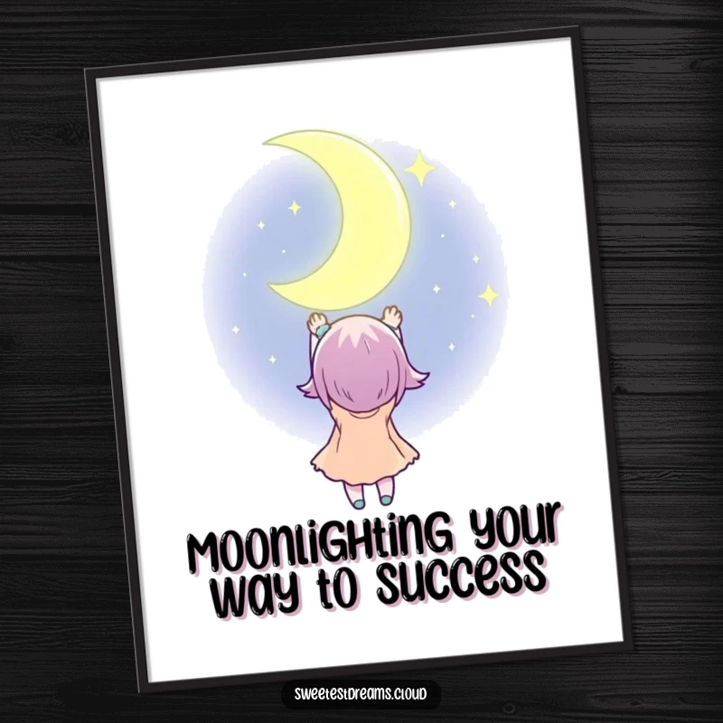 Funny Free Printable Wall Art: Character stretching towards a huge, sparkling crescent moon.