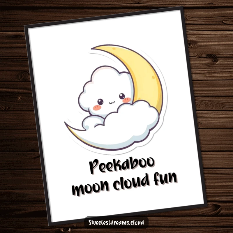 Funny Free Printable Wall Art: A cute cloud peeks playfully from behind a luminous crescent moon, creating a whimsical scene.