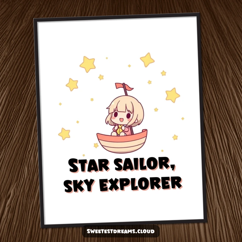 Funny free printable wall art showing a character happily sailing across a vibrant, star-filled sky with a sense of peaceful adventure.