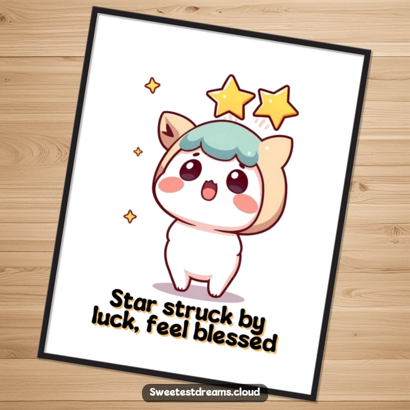 Free Printable Wall Art: A kawaii character looks astonished as a brilliant shooting star descends and lands gracefully nearby.