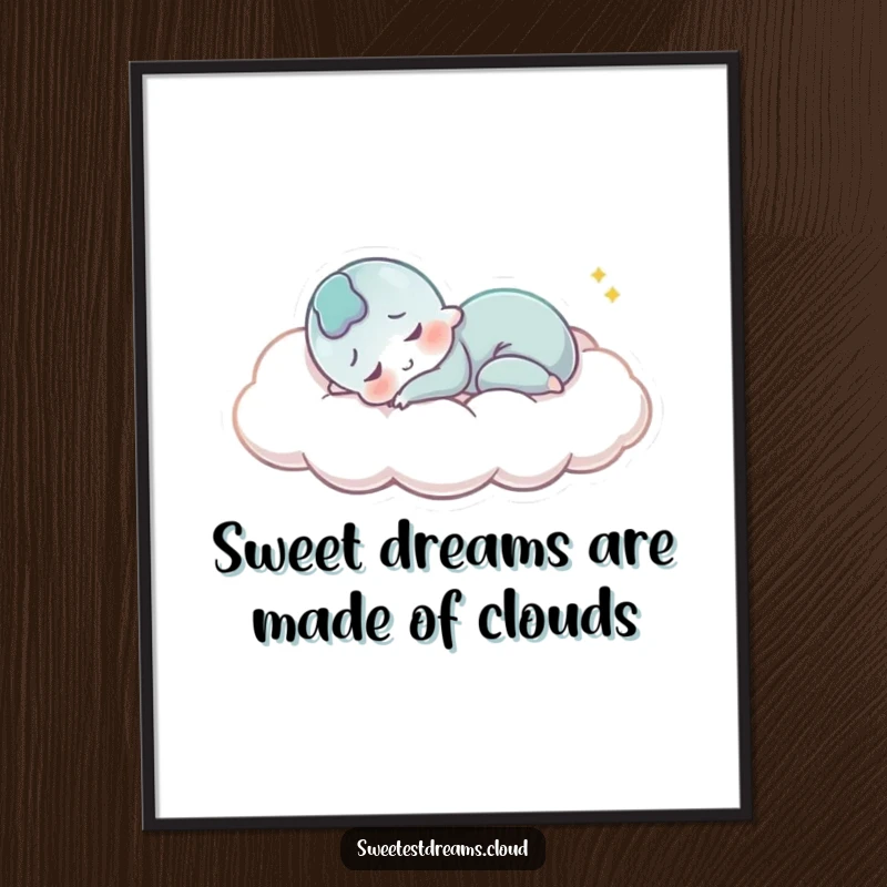 Funny Free Printable Wall Art: Character sleeping soundly and smiling peacefully on a fluffy cloud. Calm, humorous downloadable decor.