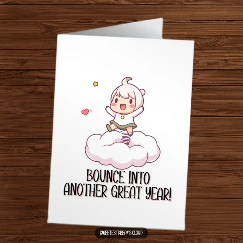 Funny Free Printable Birthday Card: Character playfully bouncing on a springy cloud, a joyful and downloadable greeting.