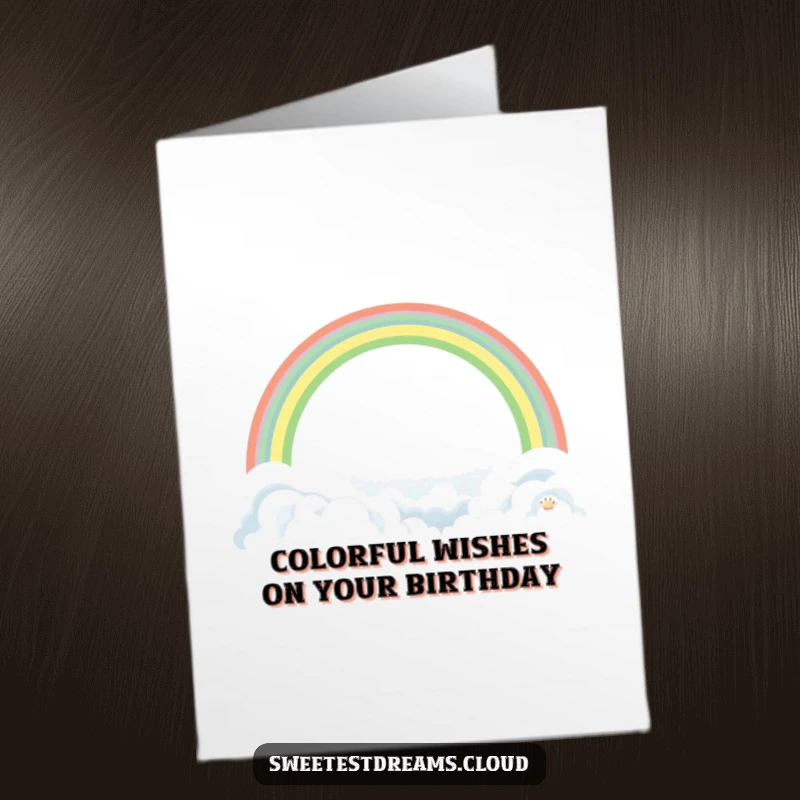 Funny Free Printable Birthday Card with a graceful rainbow arching over a serene landscape of soft, fluffy clouds.