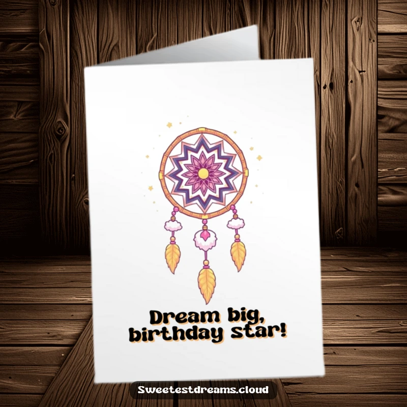 Funny Free Printable Birthday Card with a whimsical stardust dream catcher design, shimmering with celestial magic.