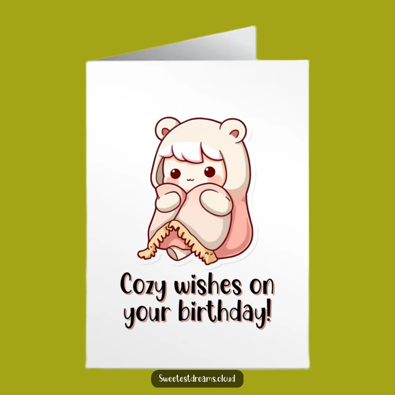 Free Printable Birthday Card: Cozy Kawaii Character Blanket Funny Downloadable Gift