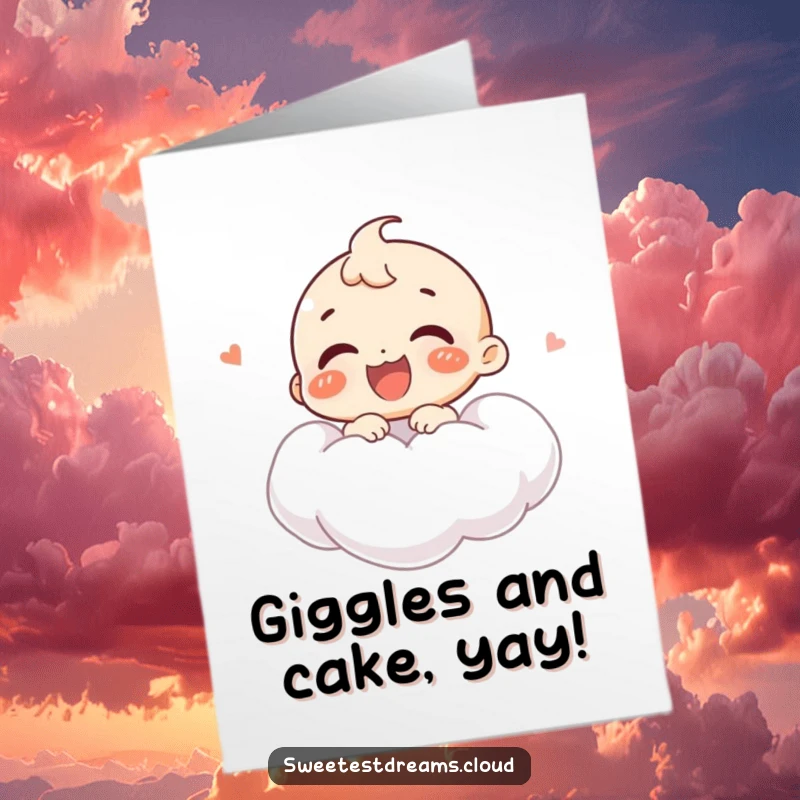 Funny Free Printable Birthday Card: A joyful character giggles heartily while floating blissfully on a soft white cloud.