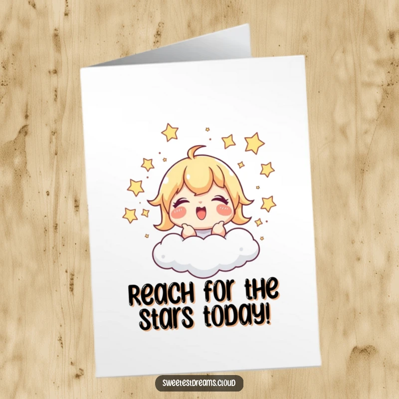 Funny Free Printable Birthday Card: Character giggling gleefully while chasing shimmering stars around a cloud. A playful download.