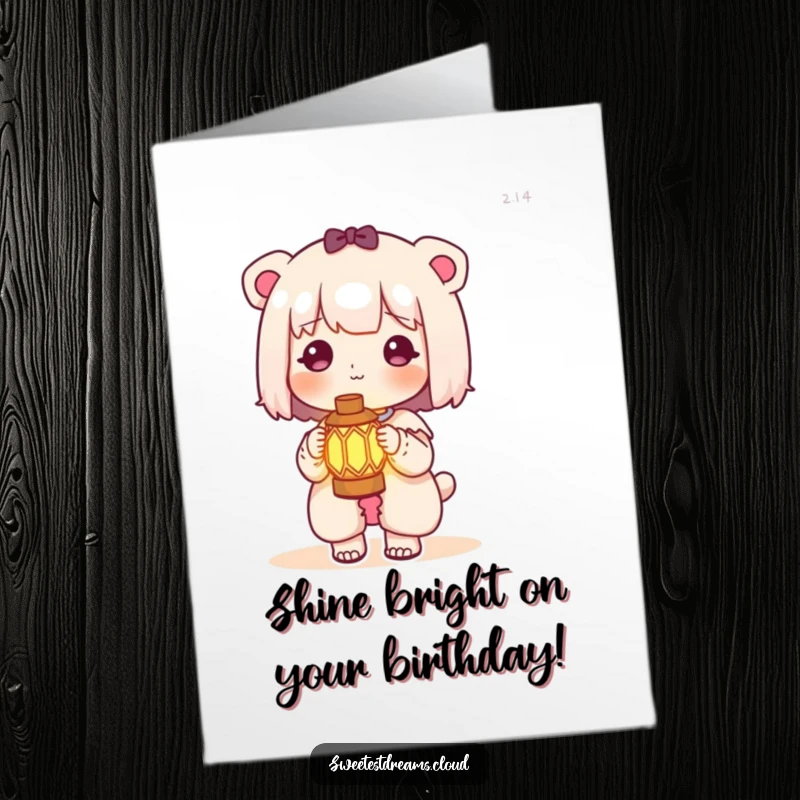 Funny Free Printable Birthday Card: A kawaii character holds a small, brightly glowing lantern, casting a warm light.