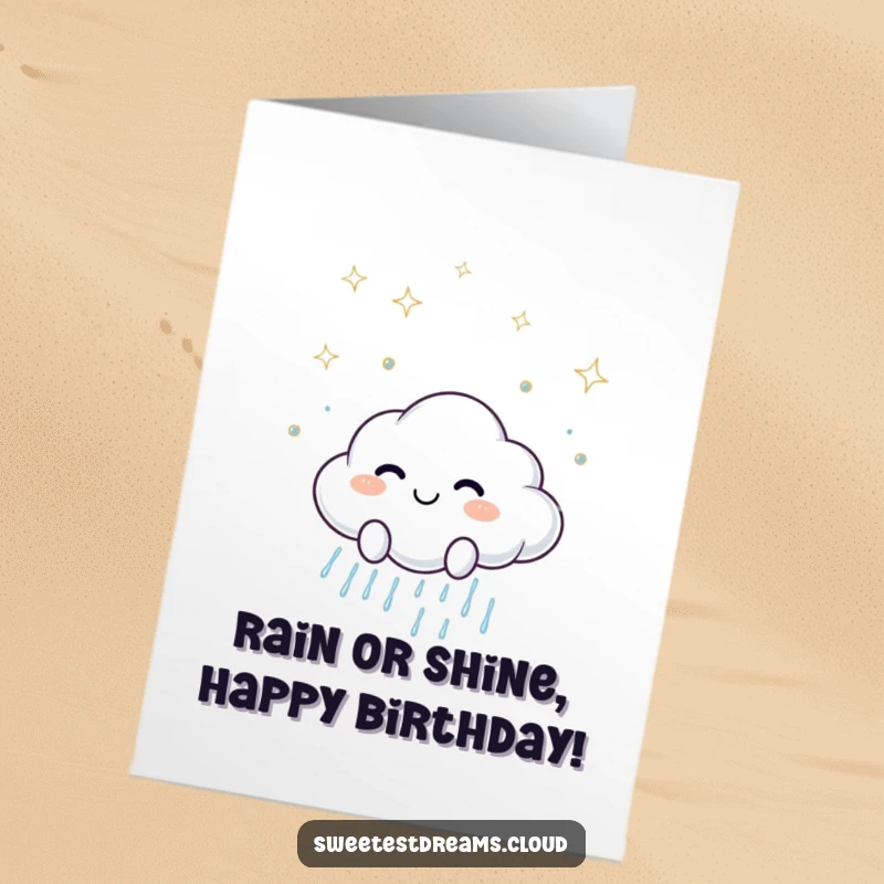 Funny Free Printable Birthday Card: A smiling cloud character scattering sparkling raindrops. Cheerful downloadable gift.