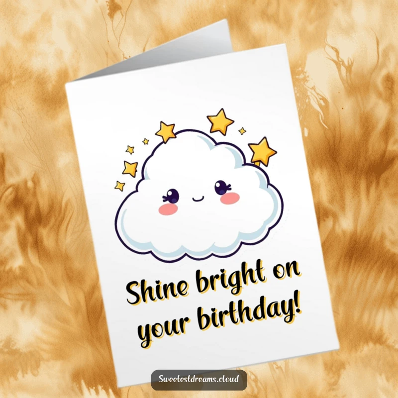 Funny Free Printable Birthday Card: A happy cloud character surrounded by twinkling stars, beaming with joy.