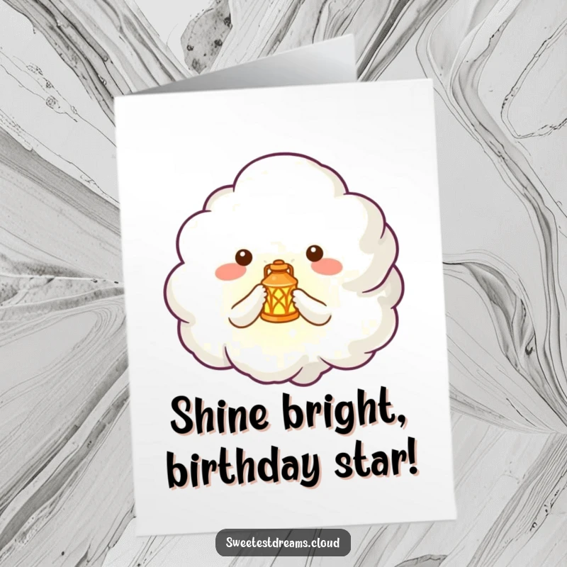 Funny Free Printable Birthday Card: Cloud creature holding a glowing lantern, illuminating wonder, a charming DIY.