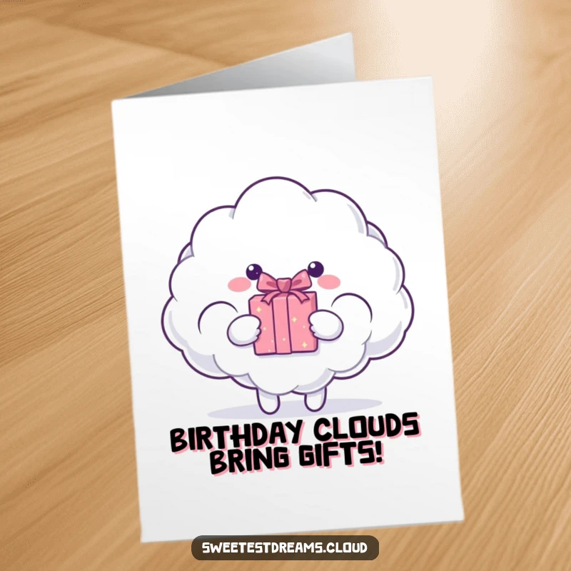 Funny Free Printable Birthday Card with a cloud character presenting a gift box, wishing a surprising celebration, a cute downloadable greeting.