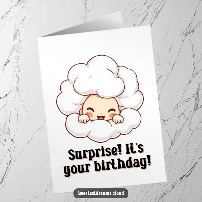 Funny Free Printable Birthday Card: Character peeking with mischievous grin from behind a cumulus cloud, a cheeky downloadable greeting.