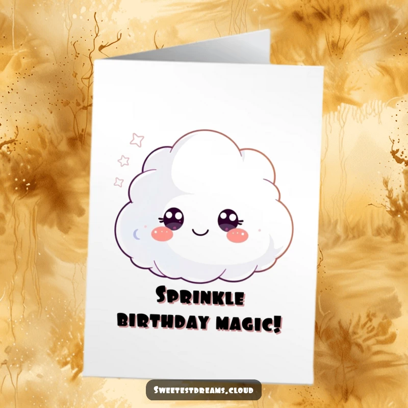 Funny Free Printable birthday card of a small, fluffy cloud character with big happy eyes, joyfully blowing iridescent glitter.