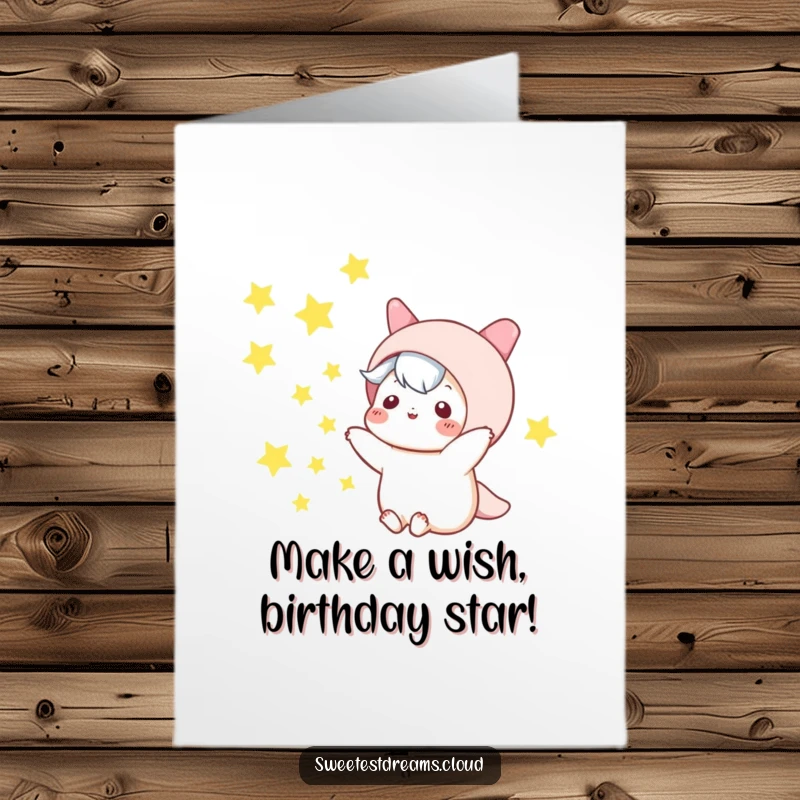 Free Printable Birthday Card: Kawaii character joyfully tosses glittering stars into a dark night sky, creating a magical scene.