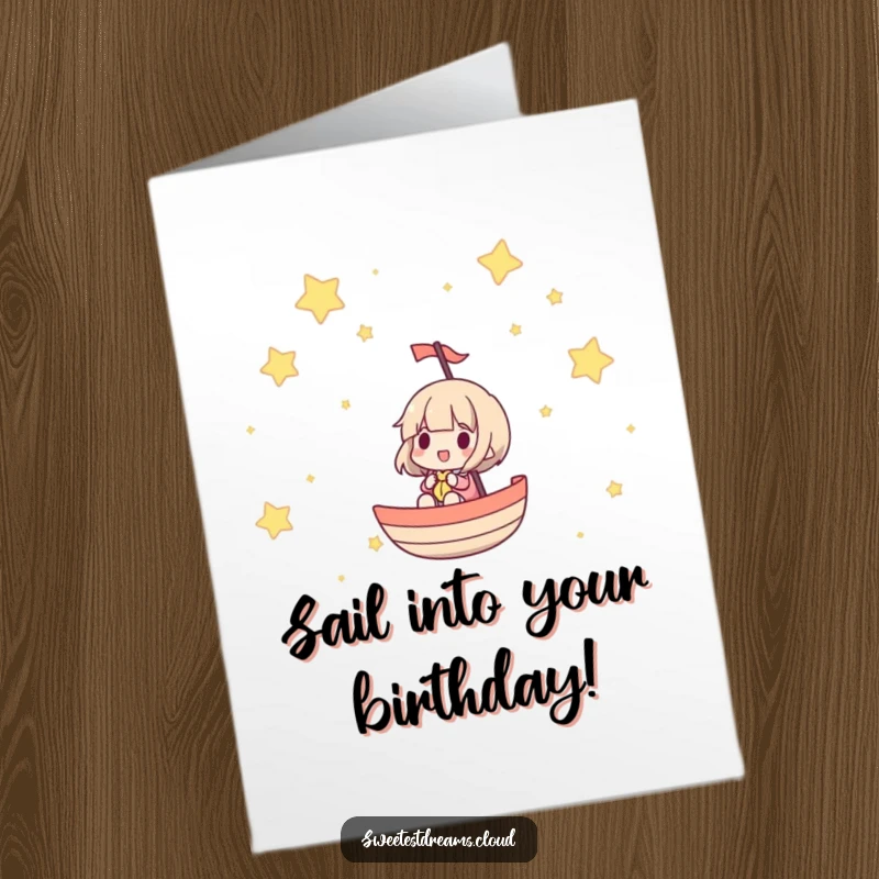 Funny free printable birthday card featuring a character happily sailing through a night sky filled with twinkling stars and cosmic wonder.