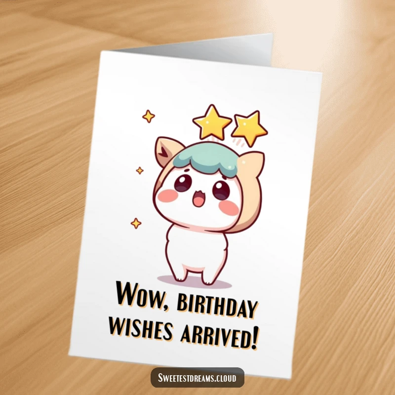 Free Printable Birthday Card: Kawaii character with wide, surprised eyes as a glowing shooting star unexpectedly lands nearby.