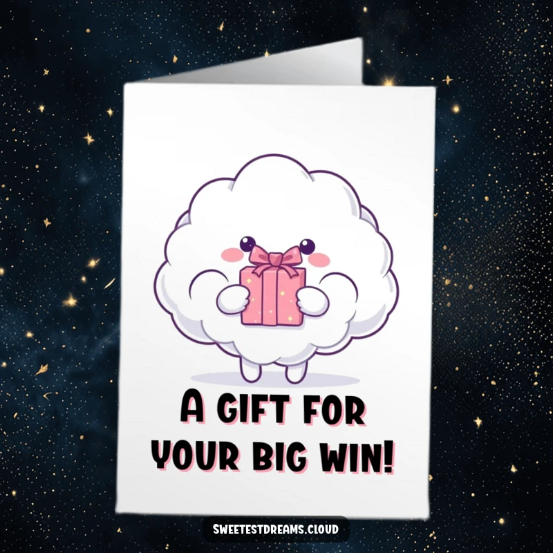 Funny Free Printable Congratulations Card with a cloud character presenting a gift box, celebrating surprise success, a cute downloadable greeting.