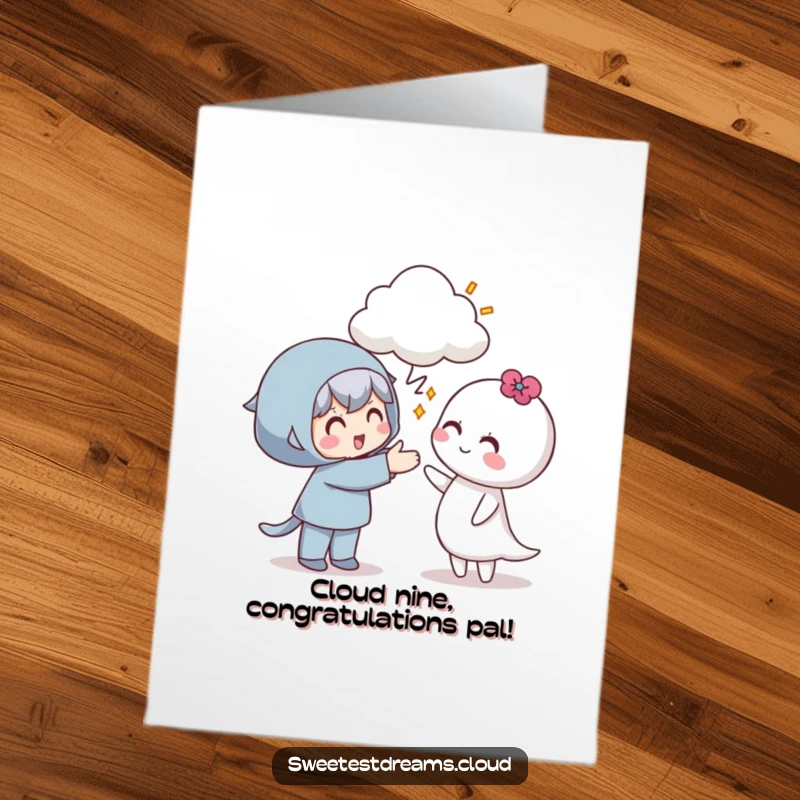 Funny free printable congratulations card showing a friendly character offering a cloud to another, representing shared success and support.