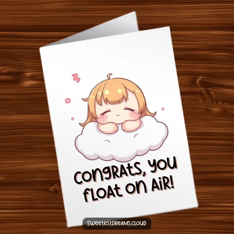 Free Printable Congratulations Card: Kawaii character in peaceful slumber on a soft cloud, symbolizing sweet success and dreams realized.