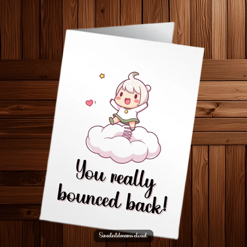 Funny Free Printable Congrats Card: Character playfully bouncing on a springy cloud, a vibrant downloadable for congratulations.