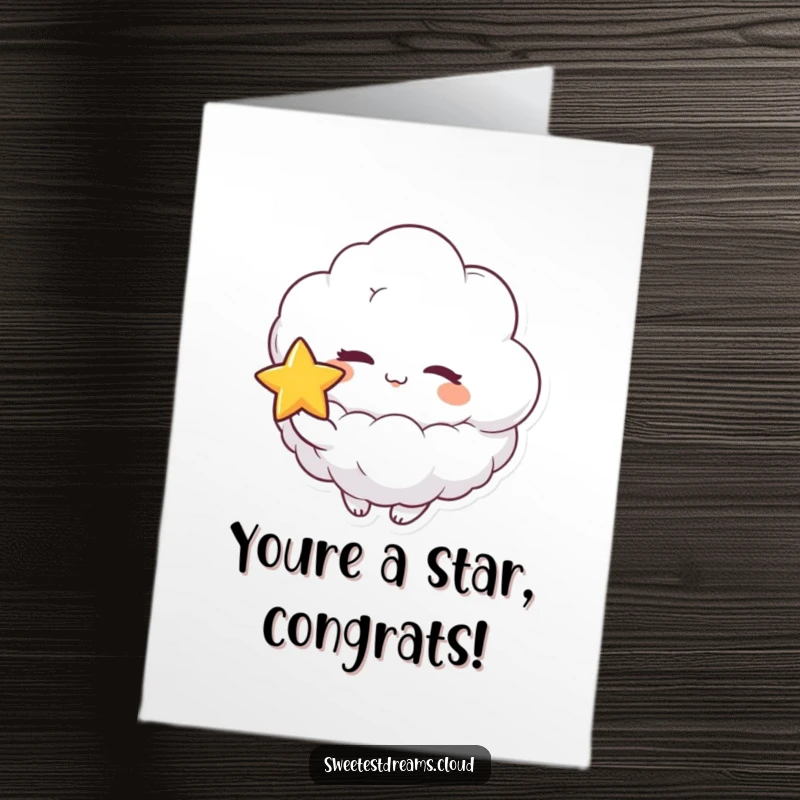 Funny Free Printable Congrats Card: A playful cloud character winking while holding a shiny star, celebrating success.