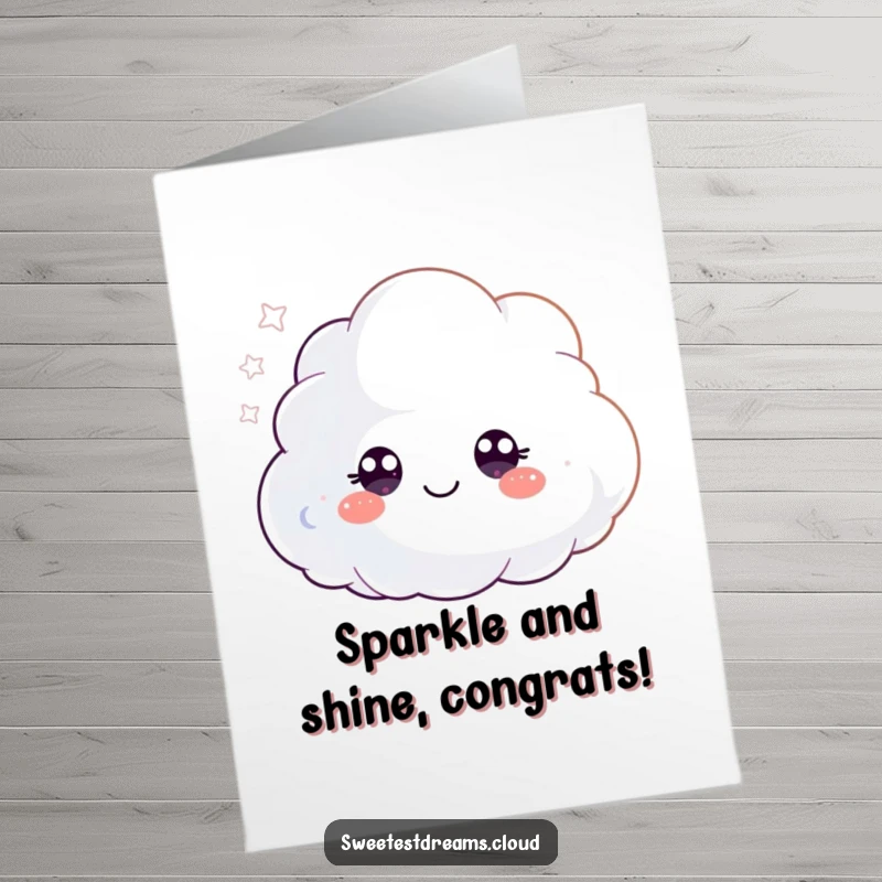 Funny Free Printable congratulations card with a cheerful cloud character happily blowing a stream of colorful glitter.