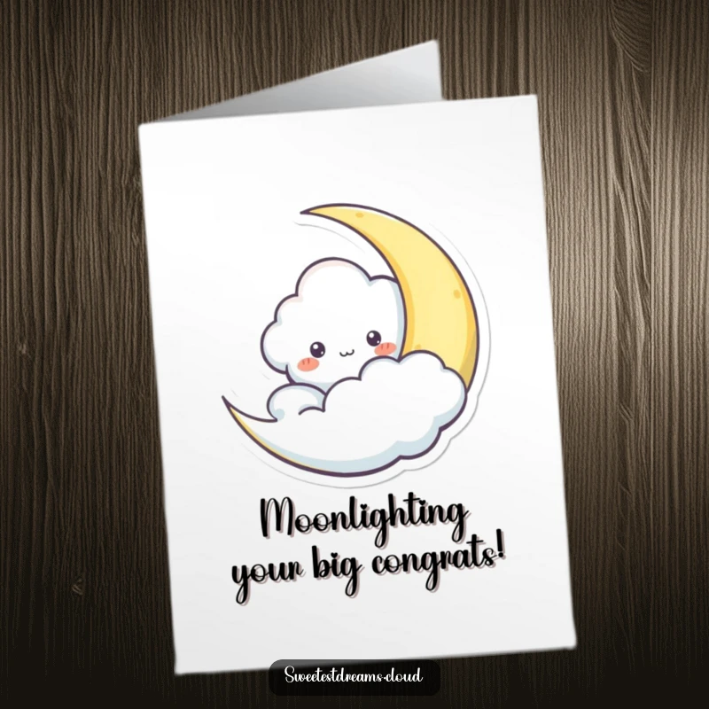 Funny Free Printable Congratulations Card: A shy cloud peeks from behind a crescent moon, celebrating a hidden success.