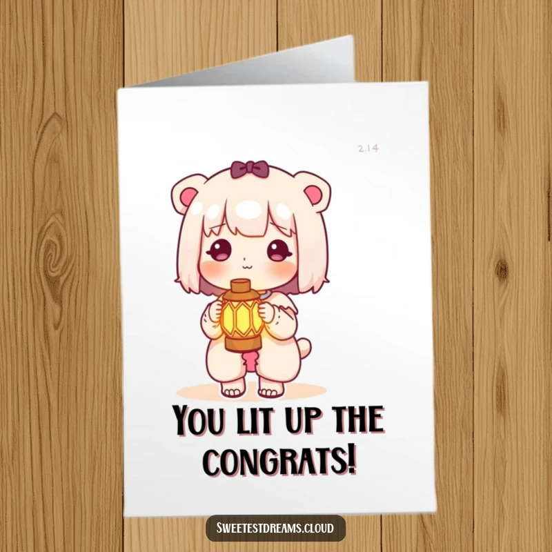 Funny Free Printable Congratulations Card: A kawaii character proudly holds a tiny lantern emitting a soft, warm glow.