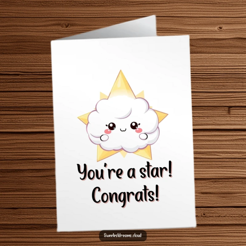 Funny Free Printable Congratulations Card featuring a cloud peeking behind a giant shimmering star. Perfect downloadable gift for winners.