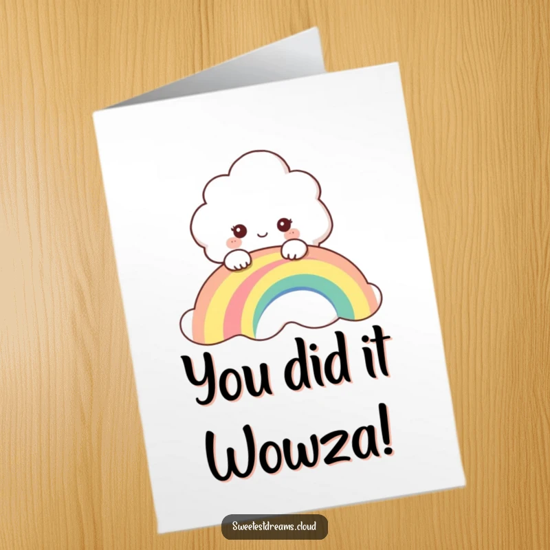 Funny Free Printable Congratulations Card: Adorable cloud peeking over a rainbow, expressing curious excitement for achievements.