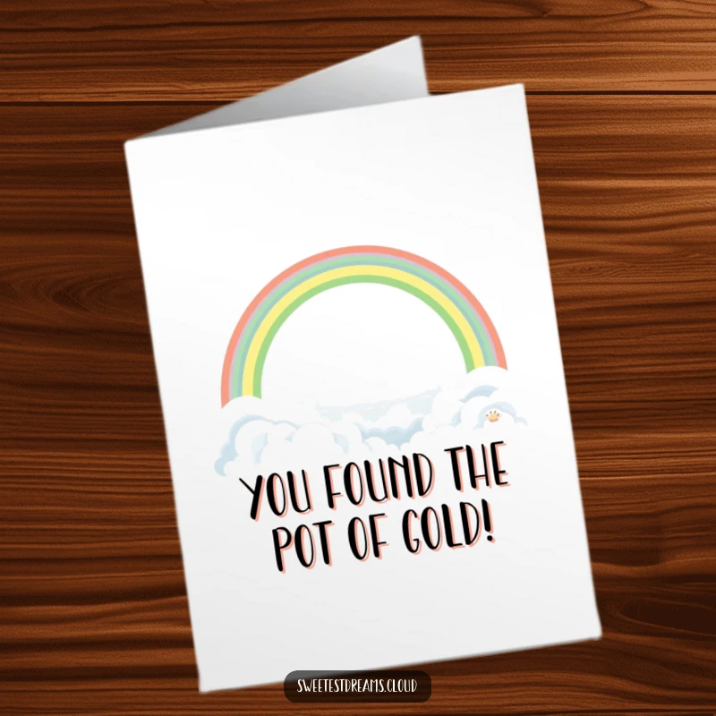 Funny Free Printable Congratulations Card displaying a gentle rainbow gracefully spanning over a dreamy vista of soft, puffy clouds.