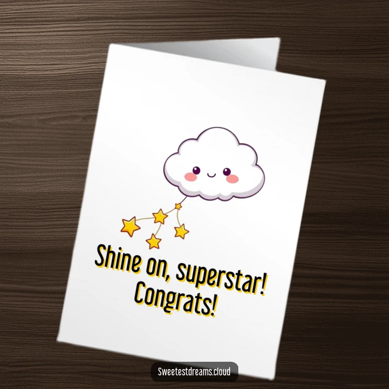 Funny Free Printable Congratulations Card: A cloud smiling as it's pulled by a cheerful string of bright stars.