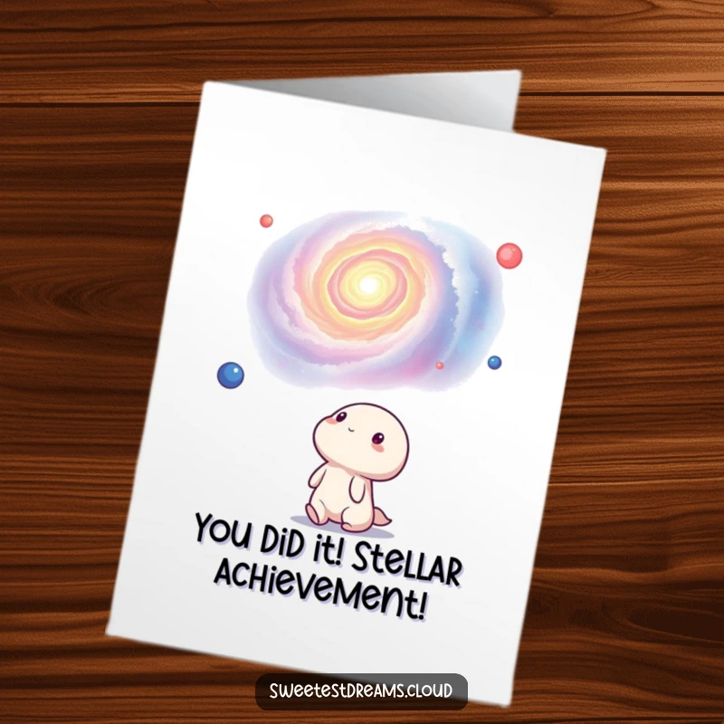 Funny Free Printable Congratulations Card showing a kawaii character mesmerized by a stunning, vibrant nebula, celebrating success.