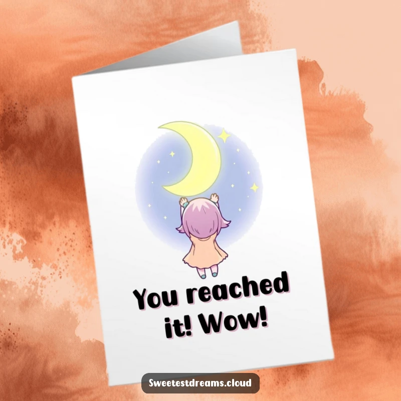 Funny Free Printable Congratulations Card: Character leaping towards a large, shimmering crescent moon.