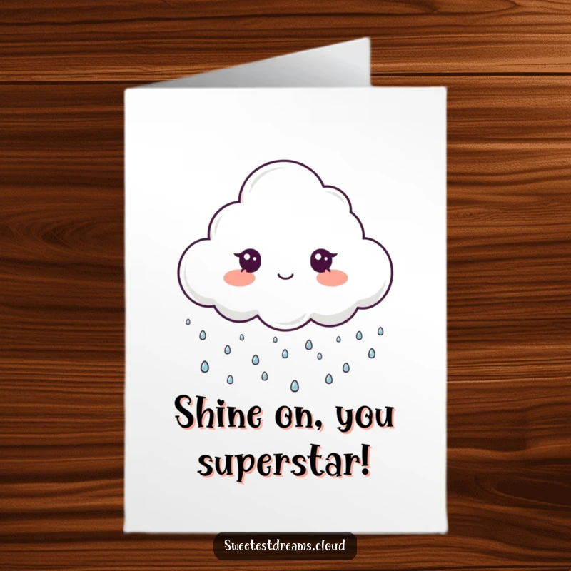 Funny Free Printable Congratulations Card: A cloud character rains sparkling drops, celebrating a brilliant success.