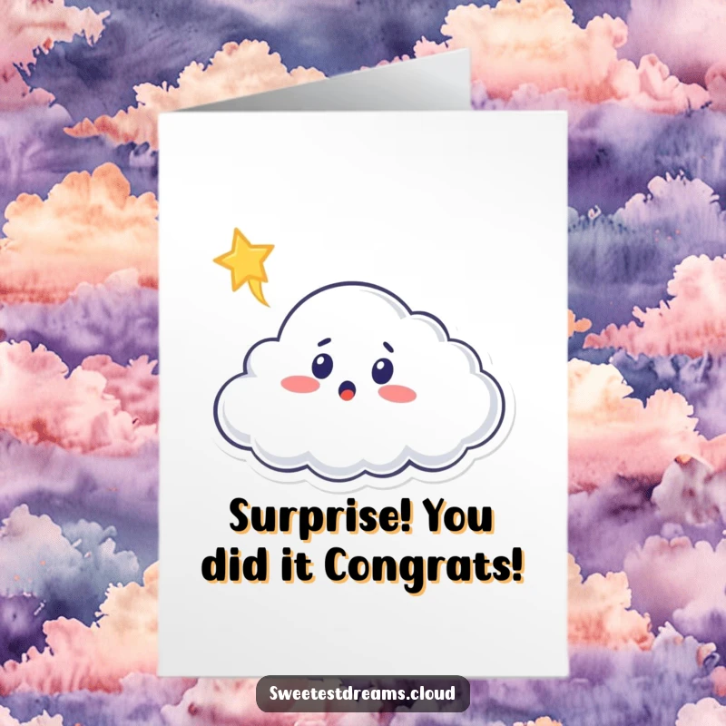 Funny Free Printable Congratulations Card: A surprised cloud character marvels at a bright shooting star overhead.
