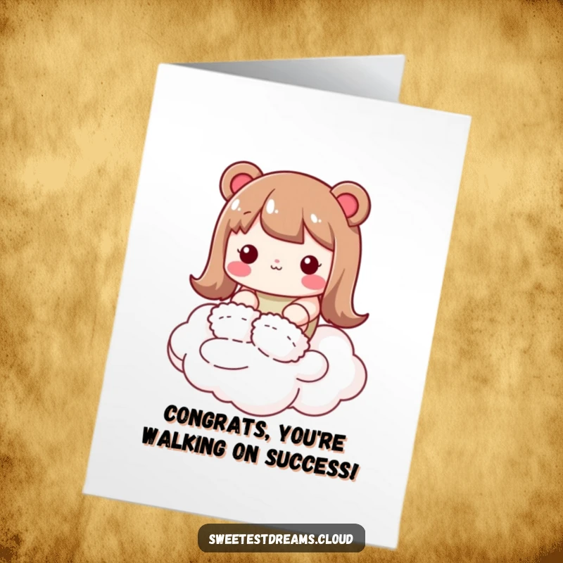 Free Printable Congratulations Card: Kawaii character wearing fuzzy slippers, tiptoeing softly on a cloud, symbolizing a smooth, successful path.