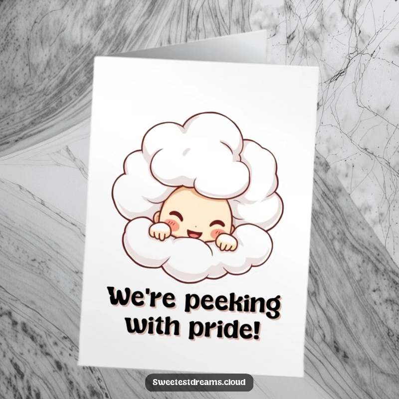 Funny Free Printable Congrats Card: Character peeking with mischievous grin from behind a cumulus cloud, a witty downloadable.
