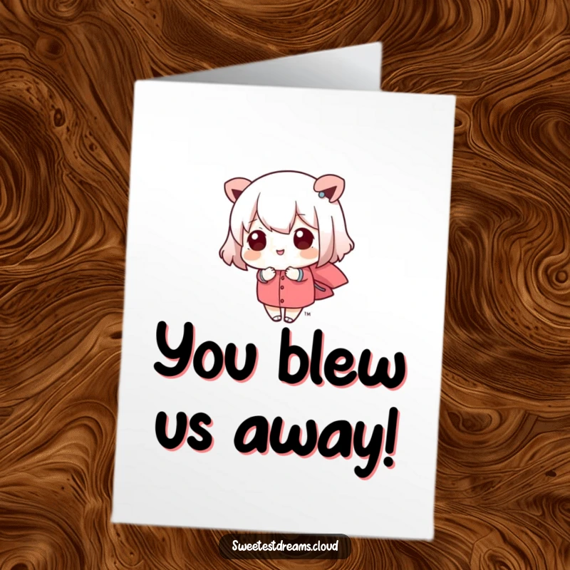 Funny Free Printable Congratulations Card showing a kawaii character being serenely carried by a gentle, uplifting breeze.