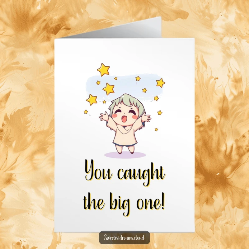 Funny free printable congratulations card depicting a joyful character catching shining stars, symbolizing a successful and celebratory moment.