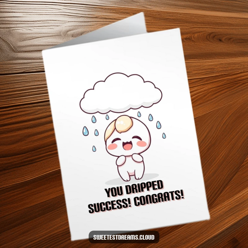Funny Free Printable Congratulations Card: A kawaii character laughs heartily as tiny, shiny dewdrops descend from a cloud.