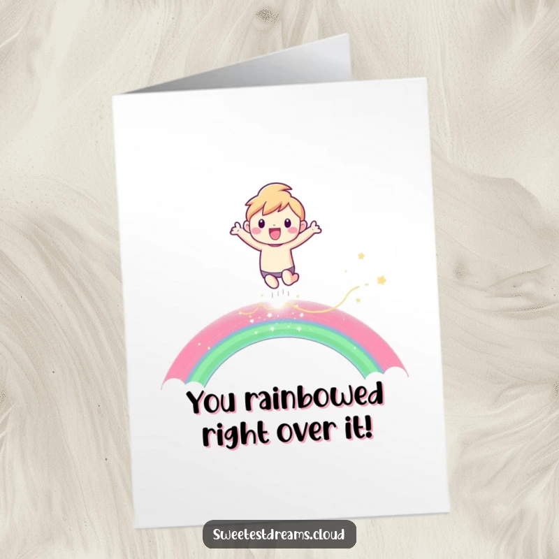 Funny Free Printable Congrats Card: Character leaping joyfully over a shimmering rainbow, a celebratory and downloadable message.