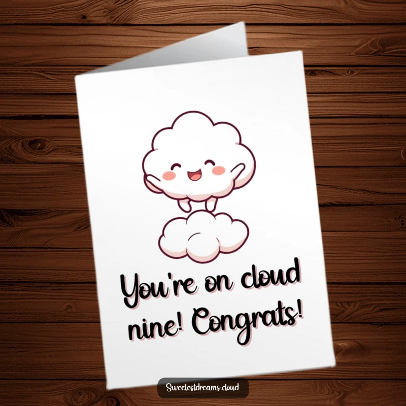 Funny Free Printable Congratulations Card with a cloud character joyfully bouncing, celebrating cheerful success, a cute downloadable greeting.